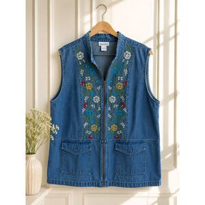 Country Store XL Embroidered Floral Denim Vest Zip Boho Western Cottagecore